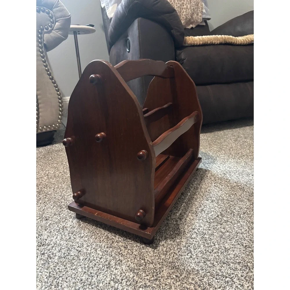 Vintage Wooden Magazine Rack Scalloped Dark Wood Book Record Holder Handle